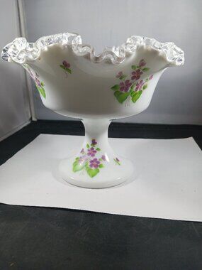 Fenton Violets in the Snow Hand Painted Spanish Lace Silver Crest Art Glass